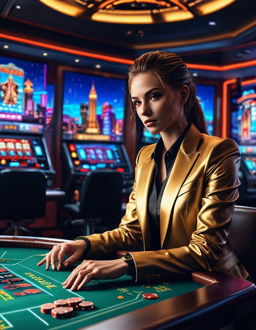 A luxurious virtual casino scene showcasing high-stakes poker and roulette games, with players intensely focused on their screens. The atmosphere is vibrant, filled with glimmering gold accents, neon lights, and holographic displays of chips and cards. Include a charismatic dealer in a sleek digital suit, and a backdrop of a stunning skyline view. Emphasize a feeling of thrill and excitement, capturing the essence of virtual gambling. cyberpunk. vibrant colors. super-realistic.