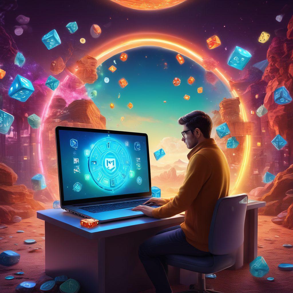 An inviting digital landscape depicting a person confidently navigating an online betting site on their laptop, surrounded by symbols of luck (like dice, cards, and coins). Bright, engaging colors emphasize positivity and security, with a shield symbol subtly integrated to represent safety in online gambling. The background features a blend of modern technological elements and a serene environment to enhance trust and reliability. super-realistic. vibrant colors. 3D.