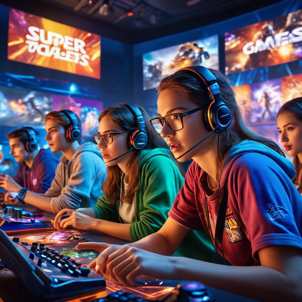 A dynamic scene featuring a diverse group of gamers intensely engaged in a virtual action game, surrounded by vibrant game graphics and promotional banners showcasing big prizes. The background should be filled with gaming paraphernalia, such as consoles, headphones, and colorful LED lights. Emphasize excitement and competition in the players' expressions. super-realistic. vibrant colors.